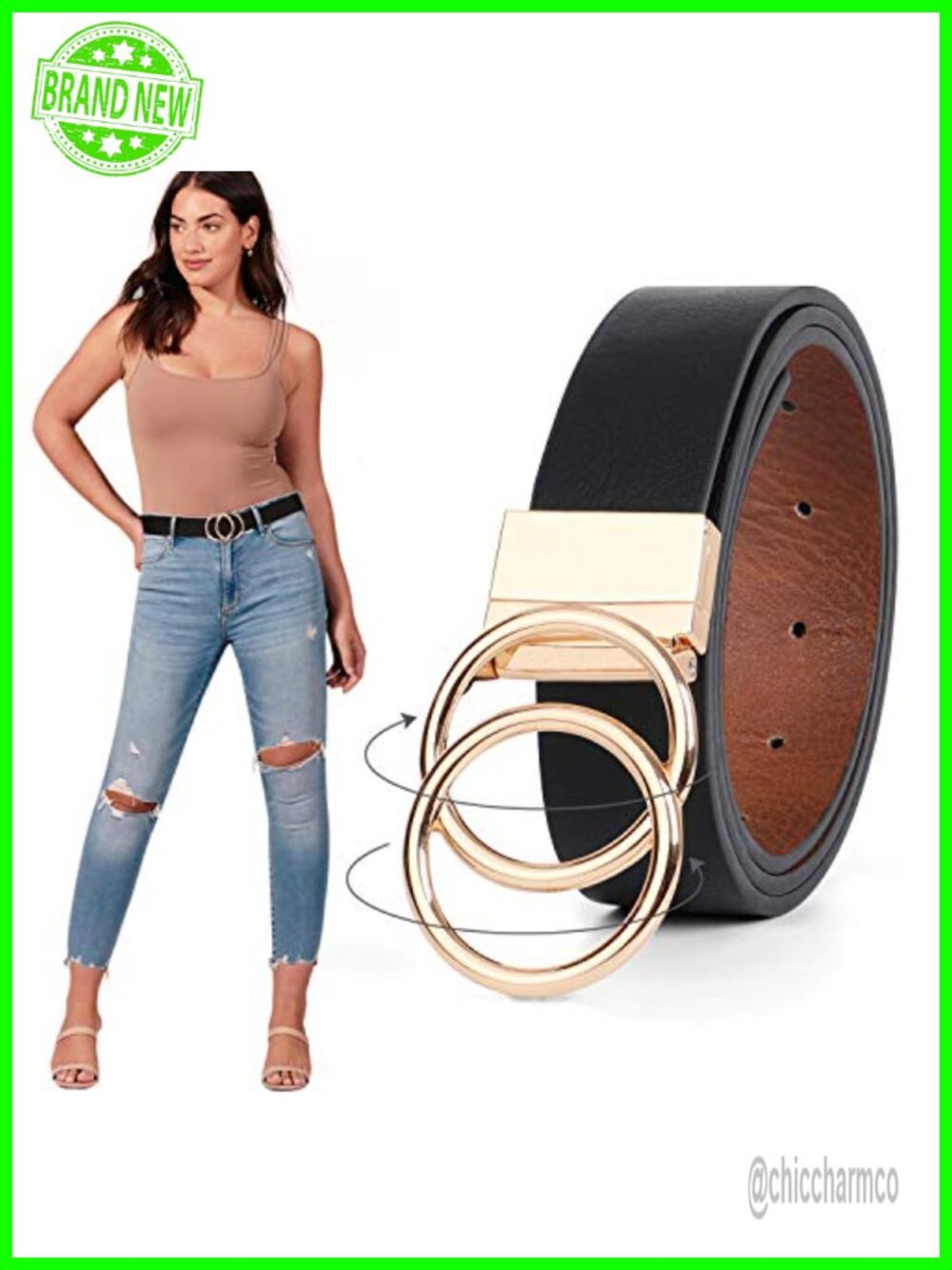 Women's Reversible PU Leather Waist Belt with Gold Double O Ring Buckle